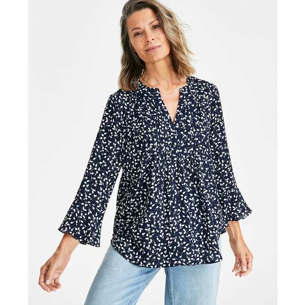 スタイルアンドコー レディース カットソー トップス Women's Printed Pintuck Ruffle Sleeve Top, PP-..