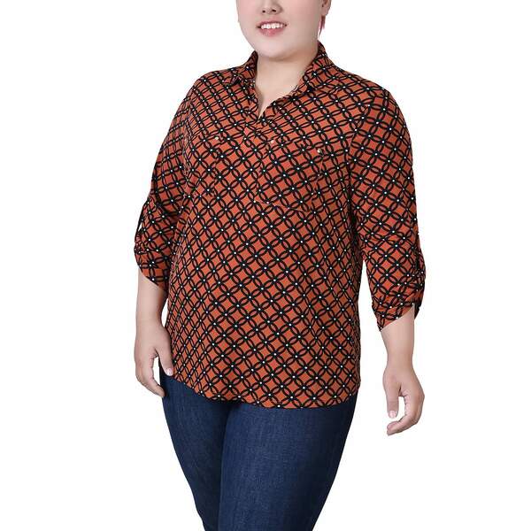 ニューヨークコレクション レディース カットソー トップス Plus Size 3/4 Roll Tab Sleeve Studded Y ..