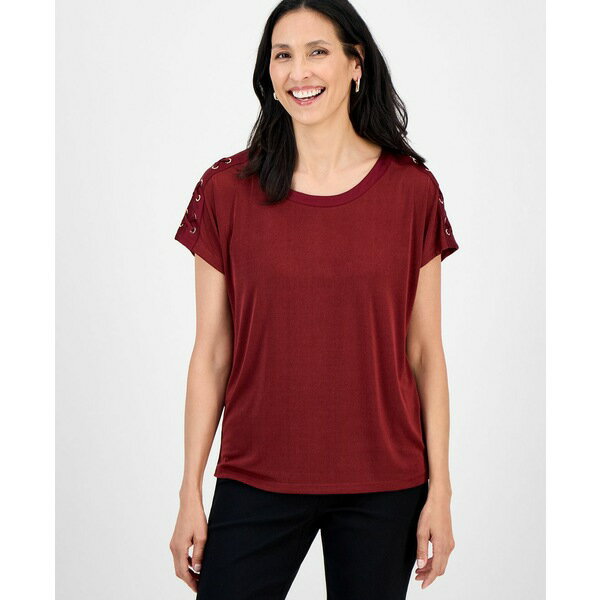 ジェイエムコレクション レディース カットソー トップス Women's Lace-Up Shoulder Knit, Exclusively at Macy's Antique Red