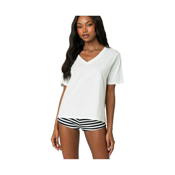 エディクテッド レディース カットソー トップス Loose fit V neck T shirt White
