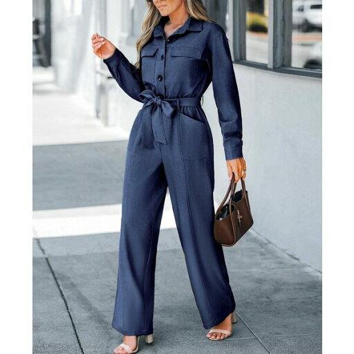 カップシー レディース ワンピース トップス Women's V Neck Button-Up Front Tie Waist Jumpsuit, Created for Macy's Dark blue