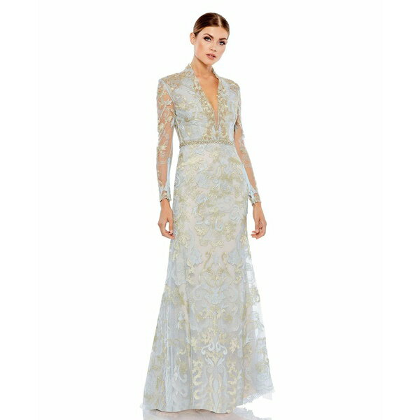 マックダガル レディース ワンピース トップス Women's Long Sleeve Applique V-Neck Gown Powder blue