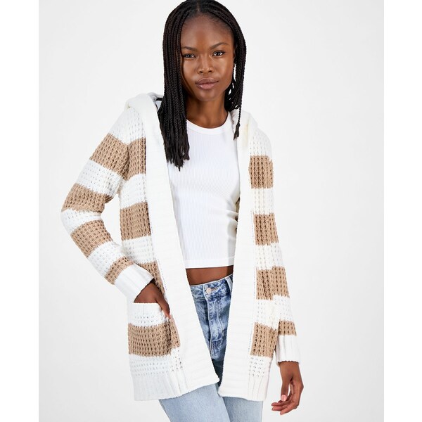 楽天astyマッデンガール レディース ニット&セーター アウター Juniors' Sherpa-Lined Striped Open Cardigan Egg Nog/ Oat Milk