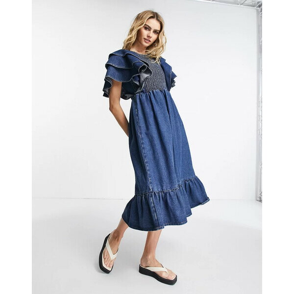 ロストインク レディース ワンピース トップス Lost Ink shirred detail midaxi denim dress in mid wash blue BLUE