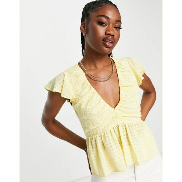 エイソス レディース カットソー トップス ASOS DESIGN sheer gingham top with V-neck & peplum hem in yellow YELLOW