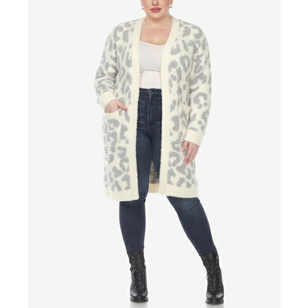 ホワイトマーク レディース ニット セーター アウター Plus Size Leopard Print Open Front Sherpa Sweater Beige