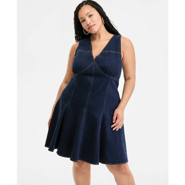 バースリー レディース ワンピース トップス Plus Size Denim Halter Flared Dress, Exclusively at Macy's Dark Wash