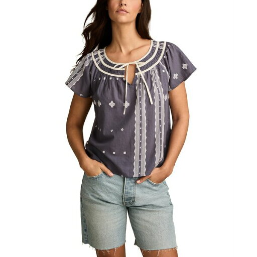 ラッキーブランド レディース カットソー トップス Short Sleeve Peasant Blouse Nightshadow Blue ラッキーブランド レディース カットソー トップス Short Sleeve Peasant Blouse Nightshadow Blue