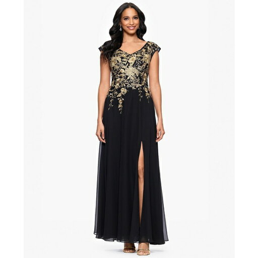 ベッツィ アンド アダム レディース ワンピース トップス Petites Chiffon V-Neck Long A-Line Dress Black, Gold ベッツィ アンド アダム レディース ワンピース トップス Petites Chiffon V-Neck Long A-Line Dress Black, Gold