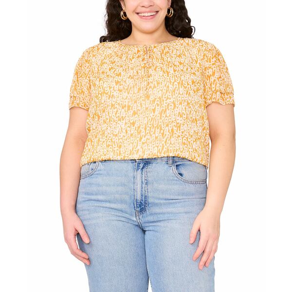 ヴィンスカムート レディース カットソー トップス Plus Size Printed Split-Neck Flutter-Sleeve Blou..