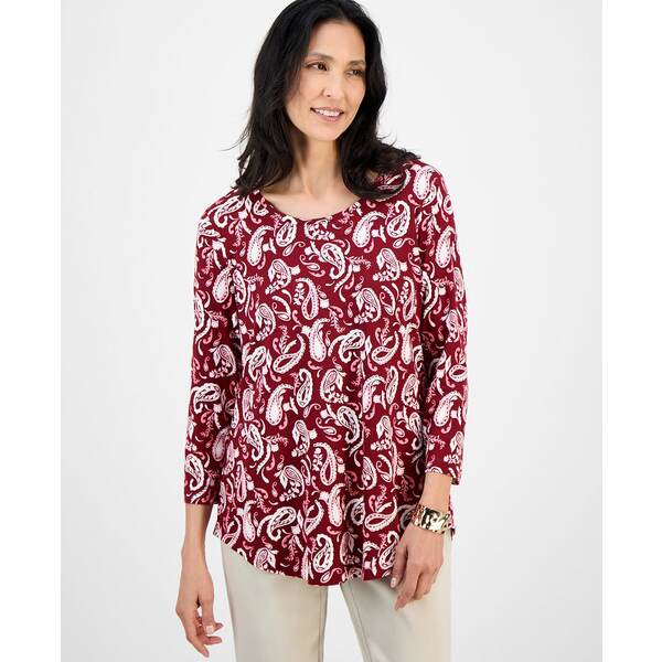 ジェイエムコレクション レディース カットソー トップス Petite Paisley Print Scoop-Neck 3/4-Sleeve T-Shirt, Macy's Exclusive Antique Red Combo