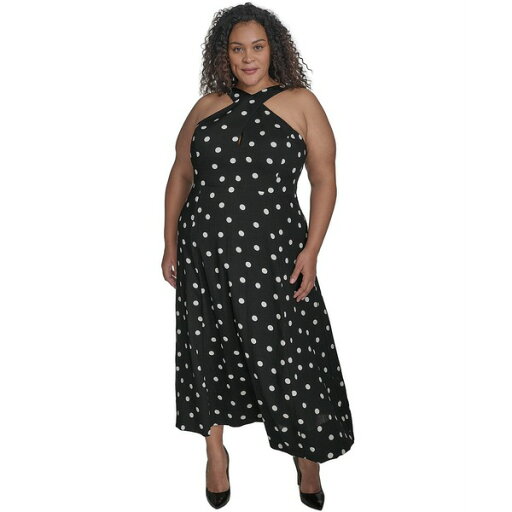 ダナ キャラン ニューヨーク レディース ワンピース トップス Plus Size Polka-Dot Crisscross Halter Midi Dress Black/Ivory ダナ キャラン ニューヨーク レディース ワンピース トップス Plus Size Polka-Dot Crisscross Halter Midi Dress Black/Ivory