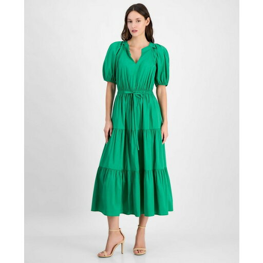 アンクライン レディース ワンピース トップス Women's Tiered Tie-Waist Puffed-Sleeve Dress Green Clove アンクライン レディース ワンピース トップス Women's Tiered Tie-Waist Puffed-Sleeve Dress Green Clove