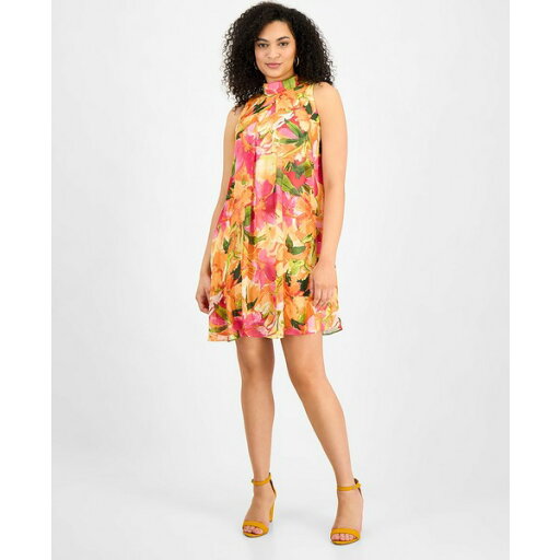 ロビービー レディース ワンピース トップス Women's Floral-Chiffon Mock-Neck Trapeze Dress Orange Pink ロビービー レディース ワンピース トップス Women's Floral-Chiffon Mock-Neck Trapeze Dress Orange Pink