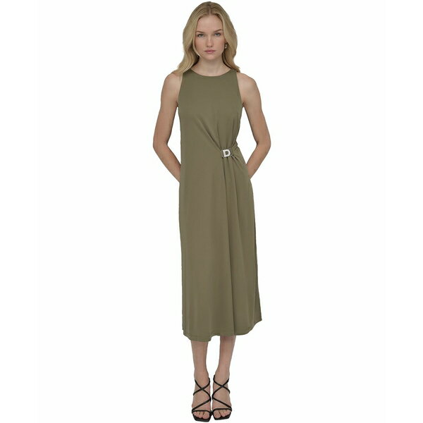 ダナ キャラン ニューヨーク レディース ワンピース トップス Women's Hardware-Trim Side-Ruched Sleeveless Dress Utility Green