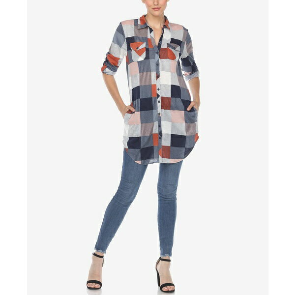 ホワイトマーク レディース カットソー トップス Women's Plaid Tunic Shirt Blue, Brown