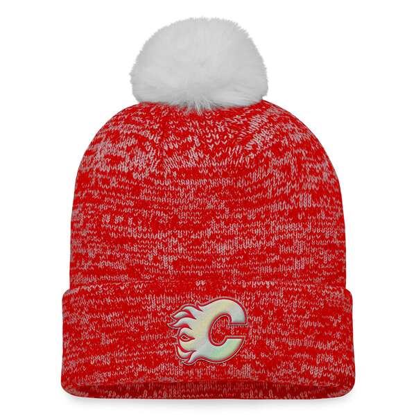 t@ieBNX fB[X Xq ANZT[ Calgary Flames Fanatics Branded Women's Glimmer Cuffed Knit Hat with Pom Red