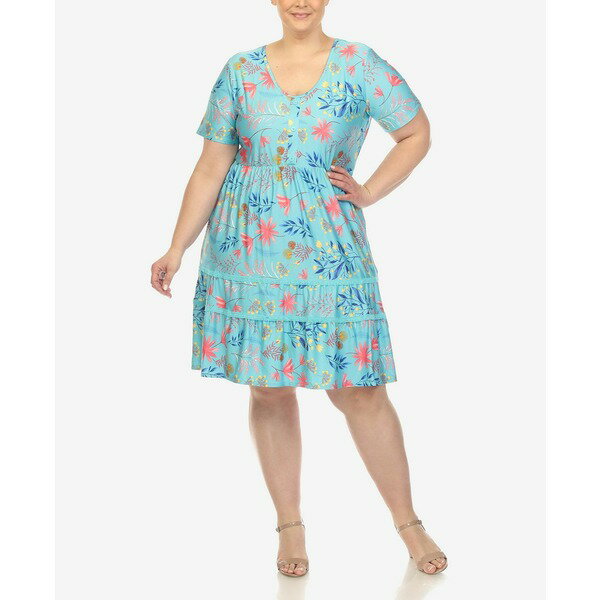 ホワイトマーク レディース ワンピース トップス Plus Size Floral Short Sleeve Knee Length Dress Blue