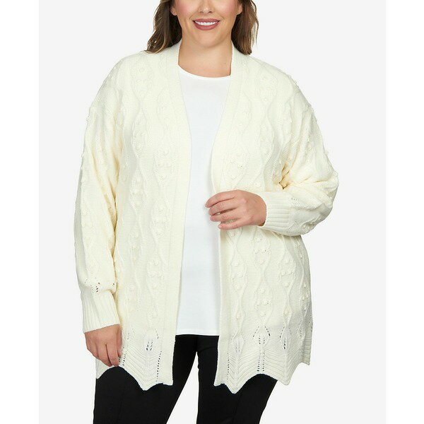 ӡ ǥ ˥å&  Plus Size Solid Textured Zigzag Hem Open Cardigan Sweater Ivory