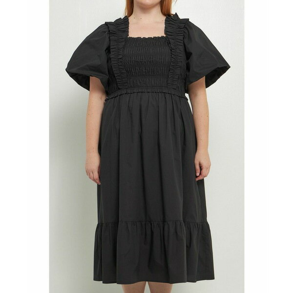 󥰥åեȥ꡼ ǥ ԡ ȥåץ Women's Plus size Ruffled Smocked Midi Dress Black