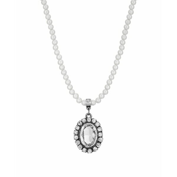 2028 fB[X lbNXE`[J[Ey_ggbv ANZT[ Silver Tone Crystal Rimmed Crystal Imitation Oval Pearl Strand Necklace White