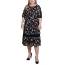 j[[NRNV fB[X s[X gbvX Plus Size 3/4 Sleeve Smocked Waist Dress Black Floral