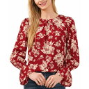 ZZ fB[X Jbg\[ gbvX Women's Floral Print Crew Neck Long Sleeve Smocked Cuff Blouse Mulberry Red