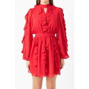 GhX[Y fB[X s[X gbvX Women's Chiffon Ruffled V Mini Dress Red