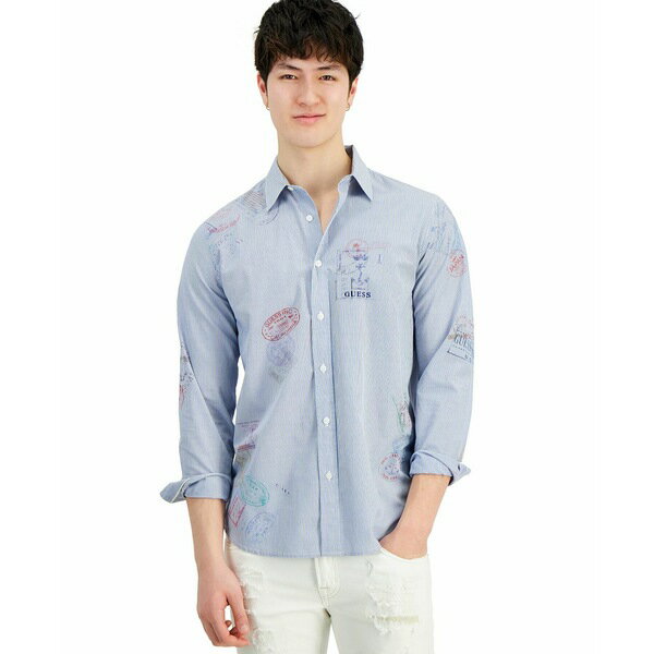 QX Y Vc gbvX Men's Coastal Stripe Stamp-Print Button-Down Shirt Light Blue Sky Multi