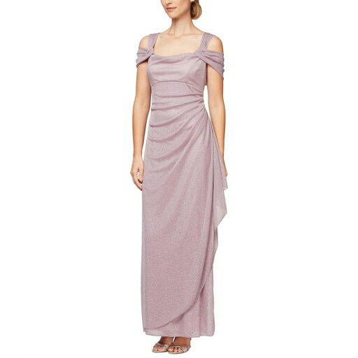 アレックスイブニングス レディース ワンピース トップス Petite Cold-Shoulder Draped Metallic Gown Mauve Pink アレックスイブニングス レディース ワンピース トップス Petite Cold-Shoulder Draped Metallic Gown Mauve Pink