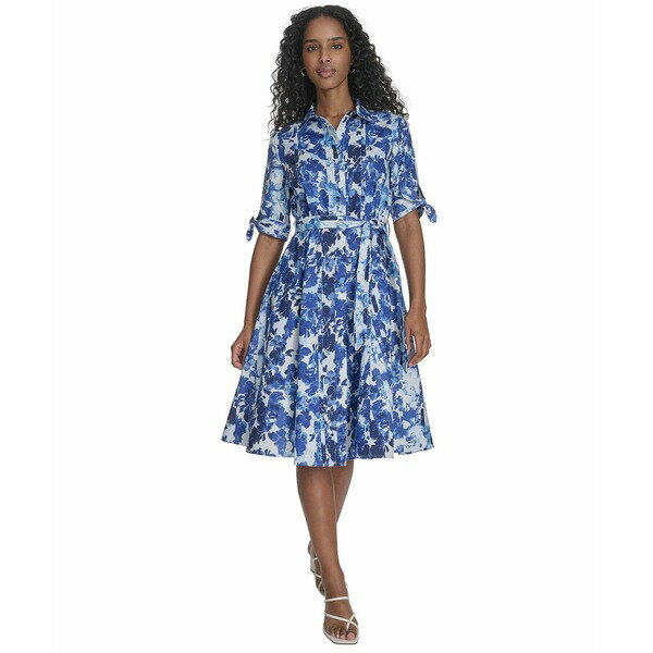 カルバンクライン レディース ワンピース トップス Women's Cotton Printed Tie-Sleeve Shirtdress Ultramarine Multi