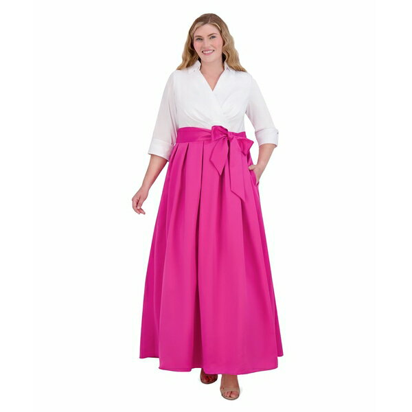 ジェシカハワード レディース ワンピース トップス Plus Size Collared 3/4-Sleeve Gown Fuschia
