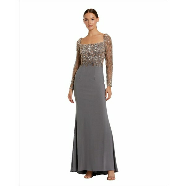 マックダガル レディース ワンピース トップス Women's Beaded Square Neck Long Sleeve Jersey Gown Platinum gold