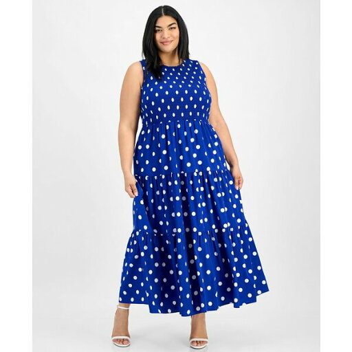 アンクライン レディース ワンピース トップス Plus Size Smocked-Bodice Tiered Dress Santorini Blue/White アンクライン レディース ワンピース トップス Plus Size Smocked-Bodice Tiered Dress Santorini Blue/White