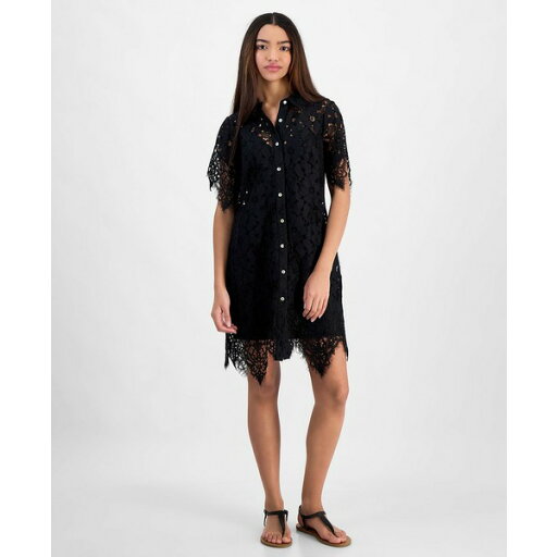 フォーティーンス プレイス レディース ワンピース トップス Juniors' Lace Button-Front Short-Sleeve Shirtdress Black フォーティーンス プレイス レディース ワンピース トップス Juniors' Lace Button-Front Short-Sleeve Shirtdress Black