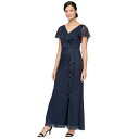 エス エル ファッションズ レディース ワンピース トップス Women's Beaded Ruffled Capelet Gown Navy