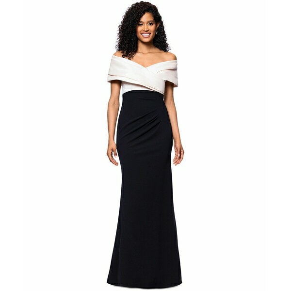 ベッツィ アンド アダム レディース ワンピース トップス Women's Off-The-Shoulder Colorblocked Gown Champagne/Black