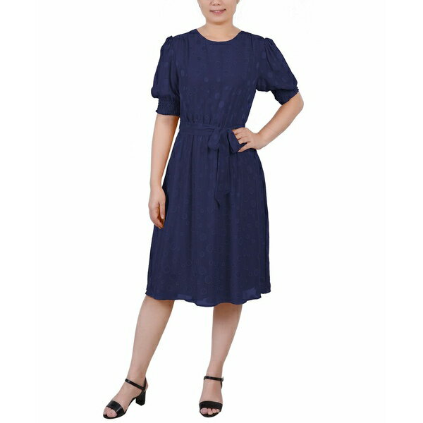 ニューヨークコレクション レディース ワンピース トップス Women's Elbow Sleeve Swiss Dot Dress Navy