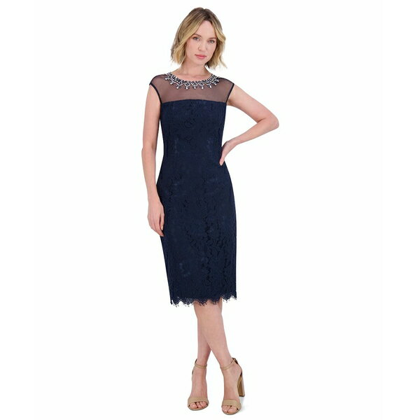 エリザジェイ レディース ワンピース トップス Petite Embellished Lace Sheath Dress Navy