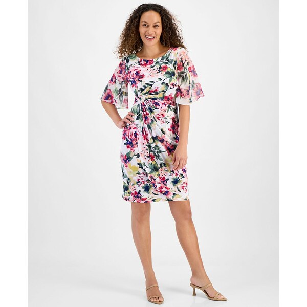 コネクテッド レディース ワンピース トップス Petite Printed Ruched-Waist Flutter-Sleeve Dress White