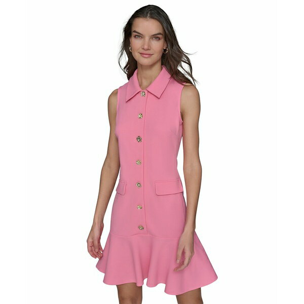 カールラガーフェルド レディース ワンピース トップス Women's Flower-Button Collared Sleeveless Shift Dress Lt/paspink