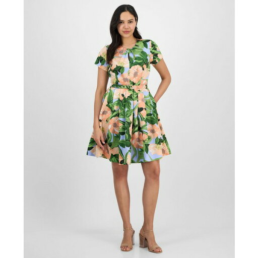 タハリエーエスエル レディース ワンピース トップス Tahari Petite Floral Belted Pleated Short-Sleeve Dress Peach Magnolia タハリエーエスエル レディース ワンピース トップス Tahari Petite Floral Belted Pleated Short-Sleeve Dress Peach Magnolia