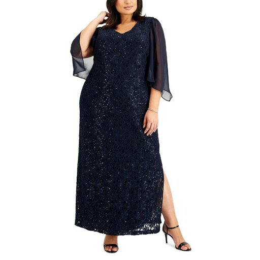 コネクテッド レディース ワンピース トップス Plus Size Sheer-Sleeve Lace Gown Navy コネクテッド レディース ワンピース トップス Plus Size Sheer-Sleeve Lace Gown Navy