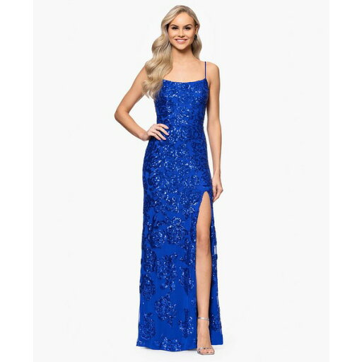 ブロンディナイト レディース ワンピース トップス Juniors' Sequin-Rose Side-Slit Gown Royal ブロンディナイト レディース ワンピース トップス Juniors' Sequin-Rose Side-Slit Gown Royal