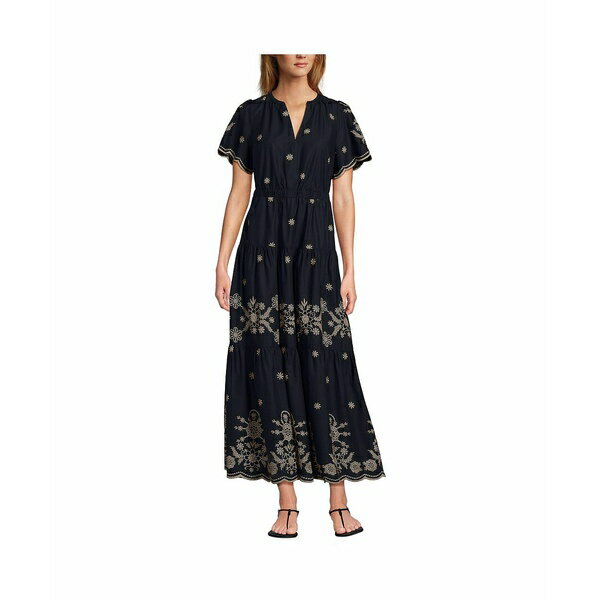 ランズエンド レディース ワンピース トップス Women's Tiered Cotton Poplin Embroidered Maxi Dress Black embroidery