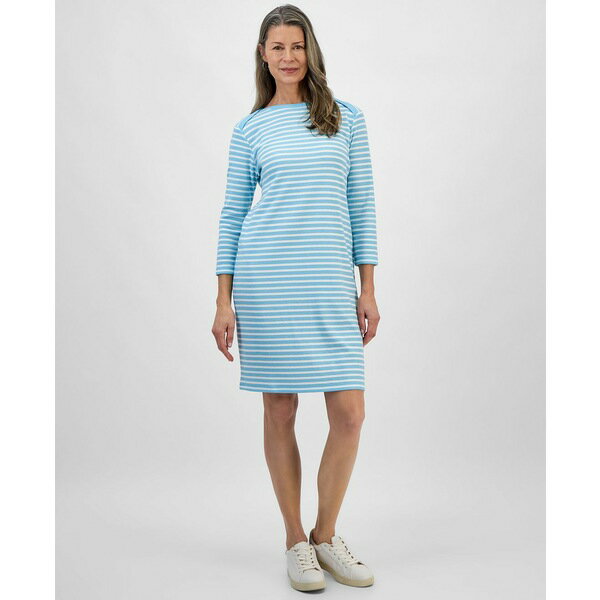スタイルアンドコー レディース ワンピース トップス Women's Striped 3/4-Sleeve Boat-Neck Dress, Exclusively at Macy's Stripe Aqua