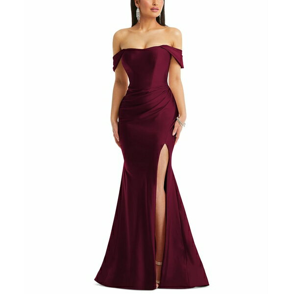 ドレッシーコレクション レディース ワンピース トップス Cynthia & Sahar Women's Off-the-Shoulder Corset Stretch Satin Mermaid Dress with Slight Train Cabernet