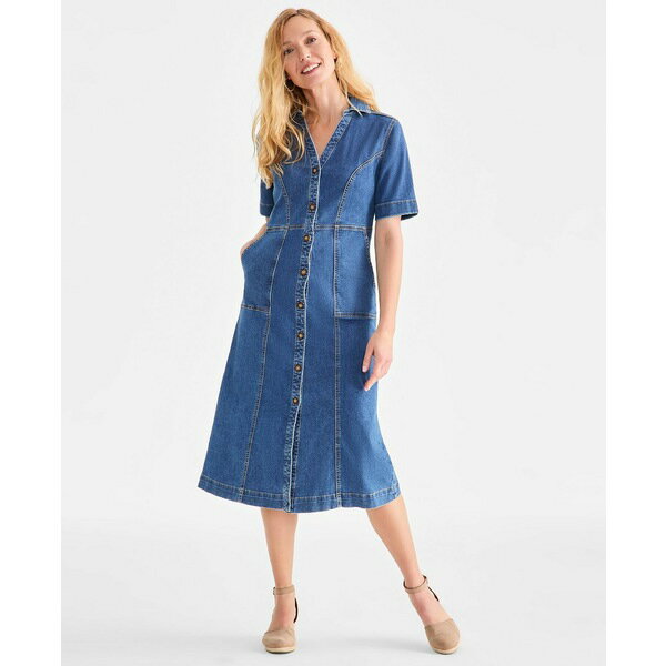 スタイルアンドコー レディース ワンピース トップス Women's Short-Sleeve Denim Shirtdress, Exclusively at Macy's Medium Light