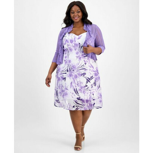 コネクテッド レディース ワンピース トップス Plus Size Lace Cardigan and Floral-Print Dress Ivory Purple コネクテッド レディース ワンピース トップス Plus Size Lace Cardigan and Floral-Print Dress Ivory Purple