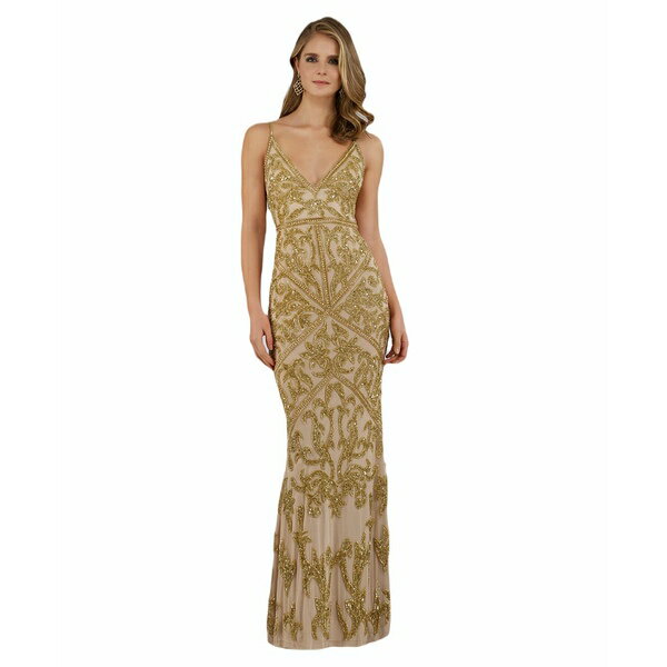 ララ レディース ワンピース トップス Women's Spaghetti Strap Beaded Dress Gold